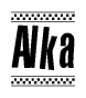 The clipart image displays the text Alka in a bold, stylized font. It is enclosed in a rectangular border with a checkerboard pattern running below and above the text, similar to a finish line in racing. 