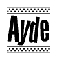 The clipart image displays the text Ayde in a bold, stylized font. It is enclosed in a rectangular border with a checkerboard pattern running below and above the text, similar to a finish line in racing. 