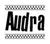 The clipart image displays the text Audra in a bold, stylized font. It is enclosed in a rectangular border with a checkerboard pattern running below and above the text, similar to a finish line in racing. 