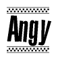 The image contains the text Angy in a bold, stylized font, with a checkered flag pattern bordering the top and bottom of the text.