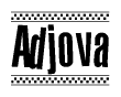 The image contains the text Adjova in a bold, stylized font, with a checkered flag pattern bordering the top and bottom of the text.