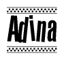 The image contains the text Adina in a bold, stylized font, with a checkered flag pattern bordering the top and bottom of the text.