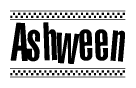 The clipart image displays the text Ashween in a bold, stylized font. It is enclosed in a rectangular border with a checkerboard pattern running below and above the text, similar to a finish line in racing. 