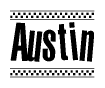 The clipart image displays the text Austin in a bold, stylized font. It is enclosed in a rectangular border with a checkerboard pattern running below and above the text, similar to a finish line in racing. 