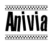 The image is a black and white clipart of the text Anivia in a bold, italicized font. The text is bordered by a dotted line on the top and bottom, and there are checkered flags positioned at both ends of the text, usually associated with racing or finishing lines.