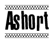 The image contains the text Ashort in a bold, stylized font, with a checkered flag pattern bordering the top and bottom of the text.