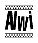 The image contains the text Alwi in a bold, stylized font, with a checkered flag pattern bordering the top and bottom of the text.