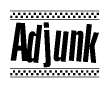The image is a black and white clipart of the text Adjunk in a bold, italicized font. The text is bordered by a dotted line on the top and bottom, and there are checkered flags positioned at both ends of the text, usually associated with racing or finishing lines.