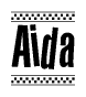 The clipart image displays the text Aida in a bold, stylized font. It is enclosed in a rectangular border with a checkerboard pattern running below and above the text, similar to a finish line in racing. 