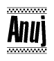 The image contains the text Anuj in a bold, stylized font, with a checkered flag pattern bordering the top and bottom of the text.