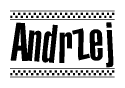 The clipart image displays the text Andrzej in a bold, stylized font. It is enclosed in a rectangular border with a checkerboard pattern running below and above the text, similar to a finish line in racing. 