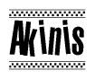 The image contains the text Akinis in a bold, stylized font, with a checkered flag pattern bordering the top and bottom of the text.