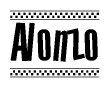 The image is a black and white clipart of the text Alonzo in a bold, italicized font. The text is bordered by a dotted line on the top and bottom, and there are checkered flags positioned at both ends of the text, usually associated with racing or finishing lines.