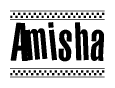 The clipart image displays the text Amisha in a bold, stylized font. It is enclosed in a rectangular border with a checkerboard pattern running below and above the text, similar to a finish line in racing. 