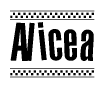 The image contains the text Alicea in a bold, stylized font, with a checkered flag pattern bordering the top and bottom of the text.
