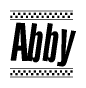 The image is a black and white clipart of the text Abby in a bold, italicized font. The text is bordered by a dotted line on the top and bottom, and there are checkered flags positioned at both ends of the text, usually associated with racing or finishing lines.