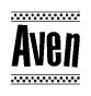 The image is a black and white clipart of the text Aven in a bold, italicized font. The text is bordered by a dotted line on the top and bottom, and there are checkered flags positioned at both ends of the text, usually associated with racing or finishing lines.