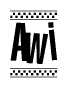 The image contains the text Awi in a bold, stylized font, with a checkered flag pattern bordering the top and bottom of the text.