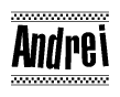 The image contains the text Andrei in a bold, stylized font, with a checkered flag pattern bordering the top and bottom of the text.