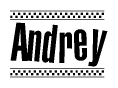 The image is a black and white clipart of the text Andrey in a bold, italicized font. The text is bordered by a dotted line on the top and bottom, and there are checkered flags positioned at both ends of the text, usually associated with racing or finishing lines.