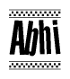 The image is a black and white clipart of the text Abhi in a bold, italicized font. The text is bordered by a dotted line on the top and bottom, and there are checkered flags positioned at both ends of the text, usually associated with racing or finishing lines.