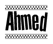 The clipart image displays the text Ahmed in a bold, stylized font. It is enclosed in a rectangular border with a checkerboard pattern running below and above the text, similar to a finish line in racing. 
