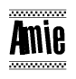 The clipart image displays the text Amie in a bold, stylized font. It is enclosed in a rectangular border with a checkerboard pattern running below and above the text, similar to a finish line in racing. 