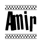 The image contains the text Amir in a bold, stylized font, with a checkered flag pattern bordering the top and bottom of the text.