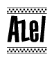 The image is a black and white clipart of the text Azel in a bold, italicized font. The text is bordered by a dotted line on the top and bottom, and there are checkered flags positioned at both ends of the text, usually associated with racing or finishing lines.
