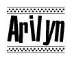 The image is a black and white clipart of the text Arilyn in a bold, italicized font. The text is bordered by a dotted line on the top and bottom, and there are checkered flags positioned at both ends of the text, usually associated with racing or finishing lines.