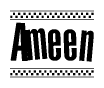 The image contains the text Ameen in a bold, stylized font, with a checkered flag pattern bordering the top and bottom of the text.