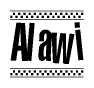The image is a black and white clipart of the text Alawi in a bold, italicized font. The text is bordered by a dotted line on the top and bottom, and there are checkered flags positioned at both ends of the text, usually associated with racing or finishing lines.