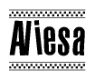 The image is a black and white clipart of the text Aliesa in a bold, italicized font. The text is bordered by a dotted line on the top and bottom, and there are checkered flags positioned at both ends of the text, usually associated with racing or finishing lines.
