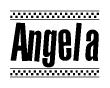The image contains the text Angela in a bold, stylized font, with a checkered flag pattern bordering the top and bottom of the text.