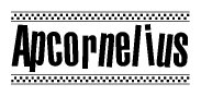 The image contains the text Apcornelius in a bold, stylized font, with a checkered flag pattern bordering the top and bottom of the text.