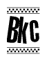 The image is a black and white clipart of the text Bkc in a bold, italicized font. The text is bordered by a dotted line on the top and bottom, and there are checkered flags positioned at both ends of the text, usually associated with racing or finishing lines.