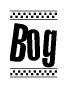 The image contains the text Bog in a bold, stylized font, with a checkered flag pattern bordering the top and bottom of the text.