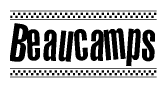 The image is a black and white clipart of the text Beaucamps in a bold, italicized font. The text is bordered by a dotted line on the top and bottom, and there are checkered flags positioned at both ends of the text, usually associated with racing or finishing lines.