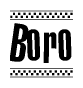 The image contains the text Boro in a bold, stylized font, with a checkered flag pattern bordering the top and bottom of the text.