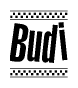 The image is a black and white clipart of the text Budi in a bold, italicized font. The text is bordered by a dotted line on the top and bottom, and there are checkered flags positioned at both ends of the text, usually associated with racing or finishing lines.