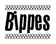 The image is a black and white clipart of the text Bippes in a bold, italicized font. The text is bordered by a dotted line on the top and bottom, and there are checkered flags positioned at both ends of the text, usually associated with racing or finishing lines.