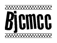 The image contains the text Bjcmcc in a bold, stylized font, with a checkered flag pattern bordering the top and bottom of the text.