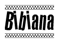 The image is a black and white clipart of the text Bibiana in a bold, italicized font. The text is bordered by a dotted line on the top and bottom, and there are checkered flags positioned at both ends of the text, usually associated with racing or finishing lines.