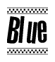The image contains the text Blue in a bold, stylized font, with a checkered flag pattern bordering the top and bottom of the text.