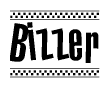 The image is a black and white clipart of the text Bizzer in a bold, italicized font. The text is bordered by a dotted line on the top and bottom, and there are checkered flags positioned at both ends of the text, usually associated with racing or finishing lines.