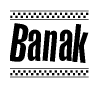 The image is a black and white clipart of the text Banak in a bold, italicized font. The text is bordered by a dotted line on the top and bottom, and there are checkered flags positioned at both ends of the text, usually associated with racing or finishing lines.