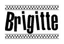 The image is a black and white clipart of the text Brigitte in a bold, italicized font. The text is bordered by a dotted line on the top and bottom, and there are checkered flags positioned at both ends of the text, usually associated with racing or finishing lines.