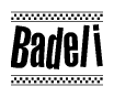 The clipart image displays the text Badeli in a bold, stylized font. It is enclosed in a rectangular border with a checkerboard pattern running below and above the text, similar to a finish line in racing. 