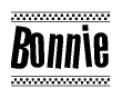The image is a black and white clipart of the text Bonnie in a bold, italicized font. The text is bordered by a dotted line on the top and bottom, and there are checkered flags positioned at both ends of the text, usually associated with racing or finishing lines.
