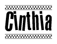 The clipart image displays the text Cinthia in a bold, stylized font. It is enclosed in a rectangular border with a checkerboard pattern running below and above the text, similar to a finish line in racing. 
